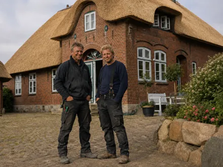 Zwei Reetdachdecker vor einem fertig gedeckten Backsteinhaus mit frischem Reetdach